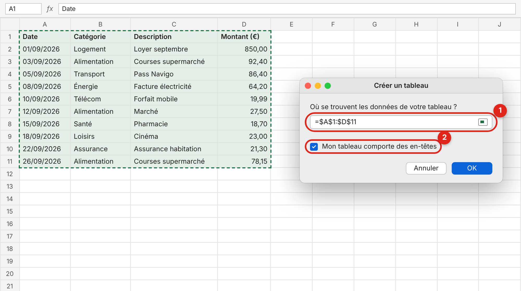 Capture d'écran d'un tableau de dépenses sur Excel.