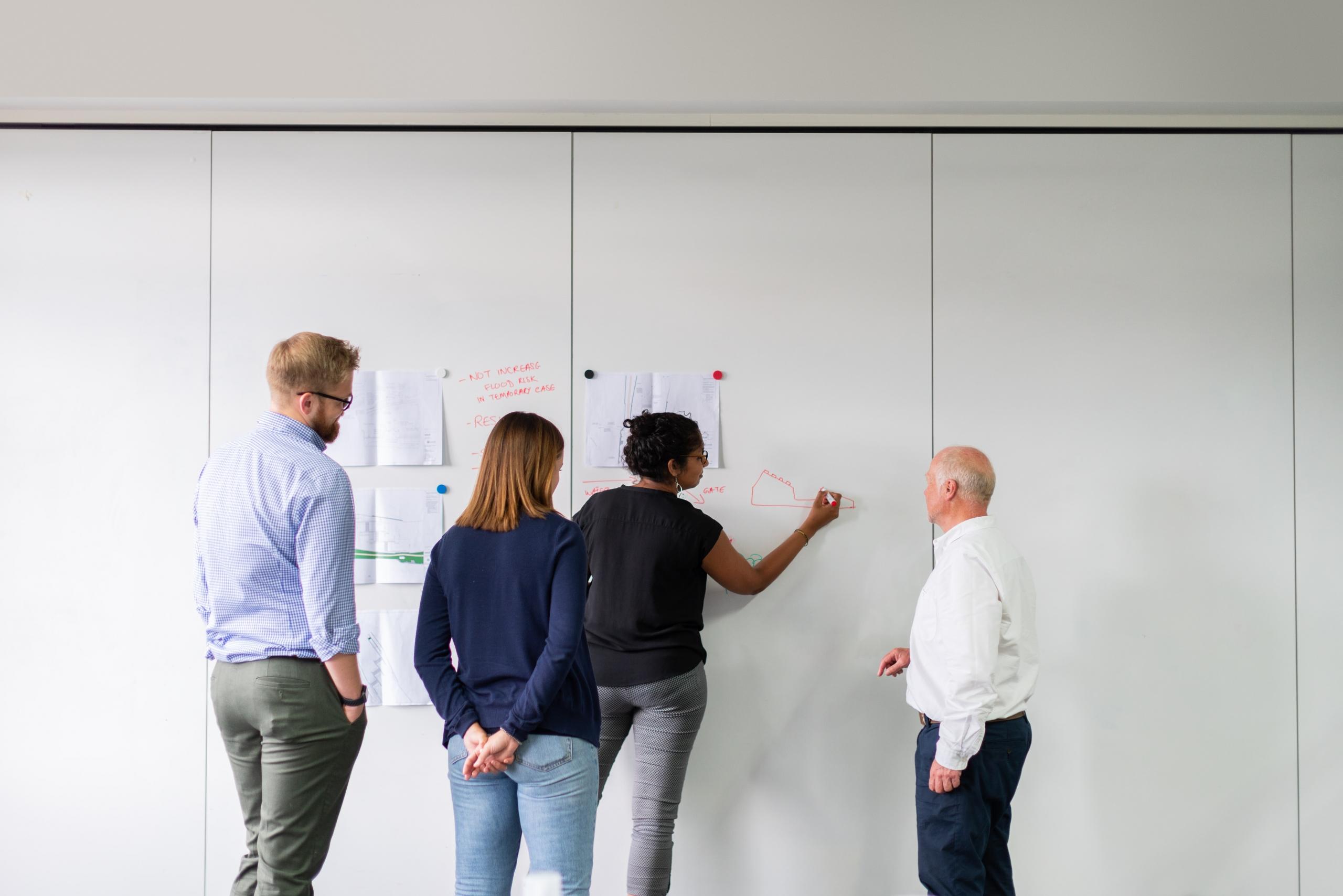 Un groupe de personnes réunies autour d'un tableau
