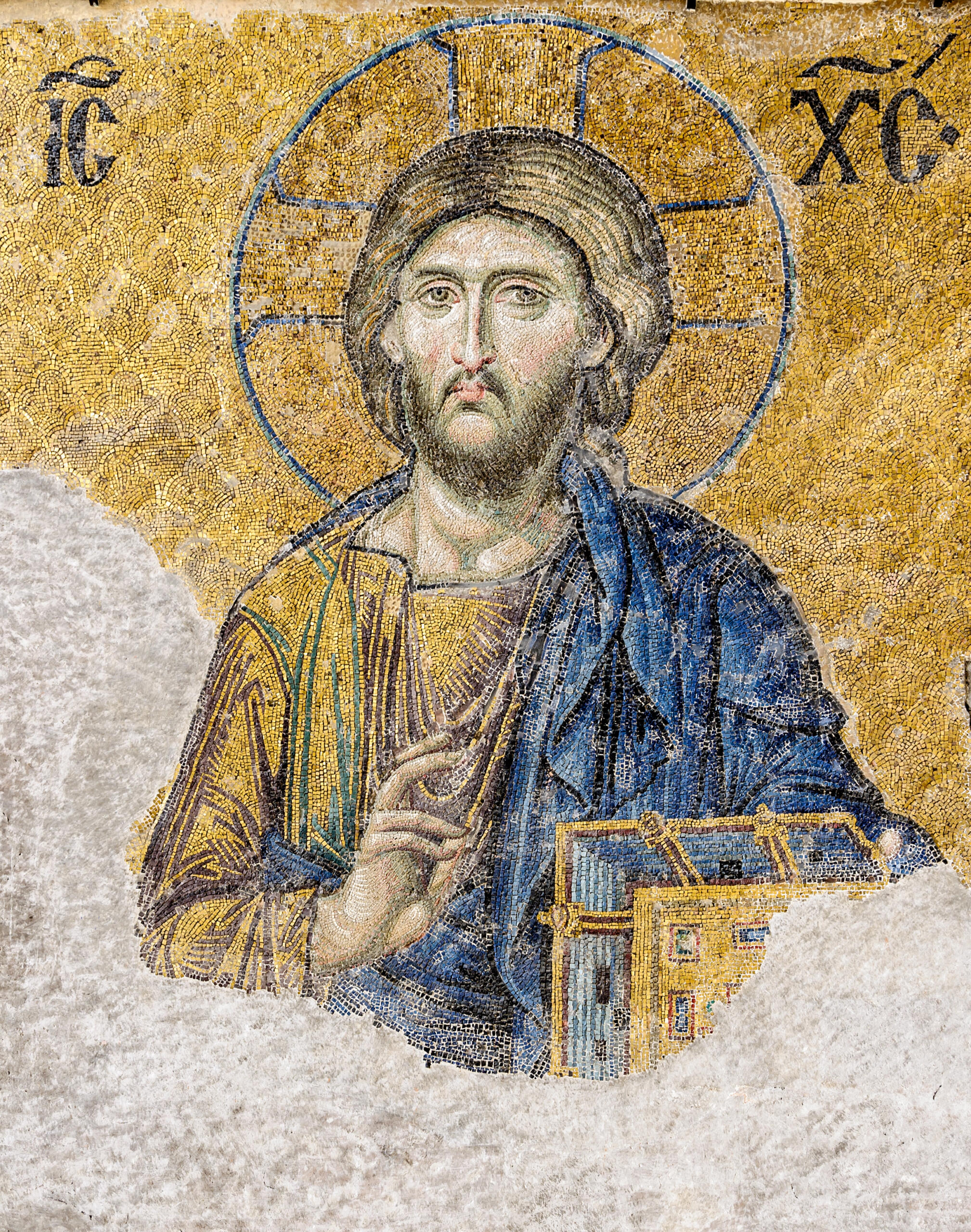Le Christ pantocrator : mosaïque byzantine du XIIIe siècle dans la basilique Sainte-Sophie de Constantinople.