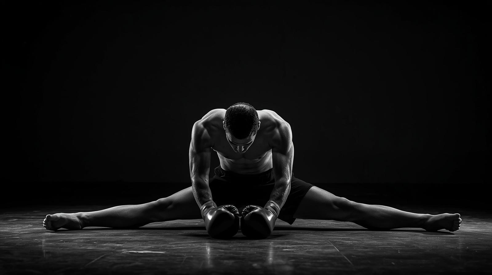 Homme avec des gants de boxe faisant un écart facial.