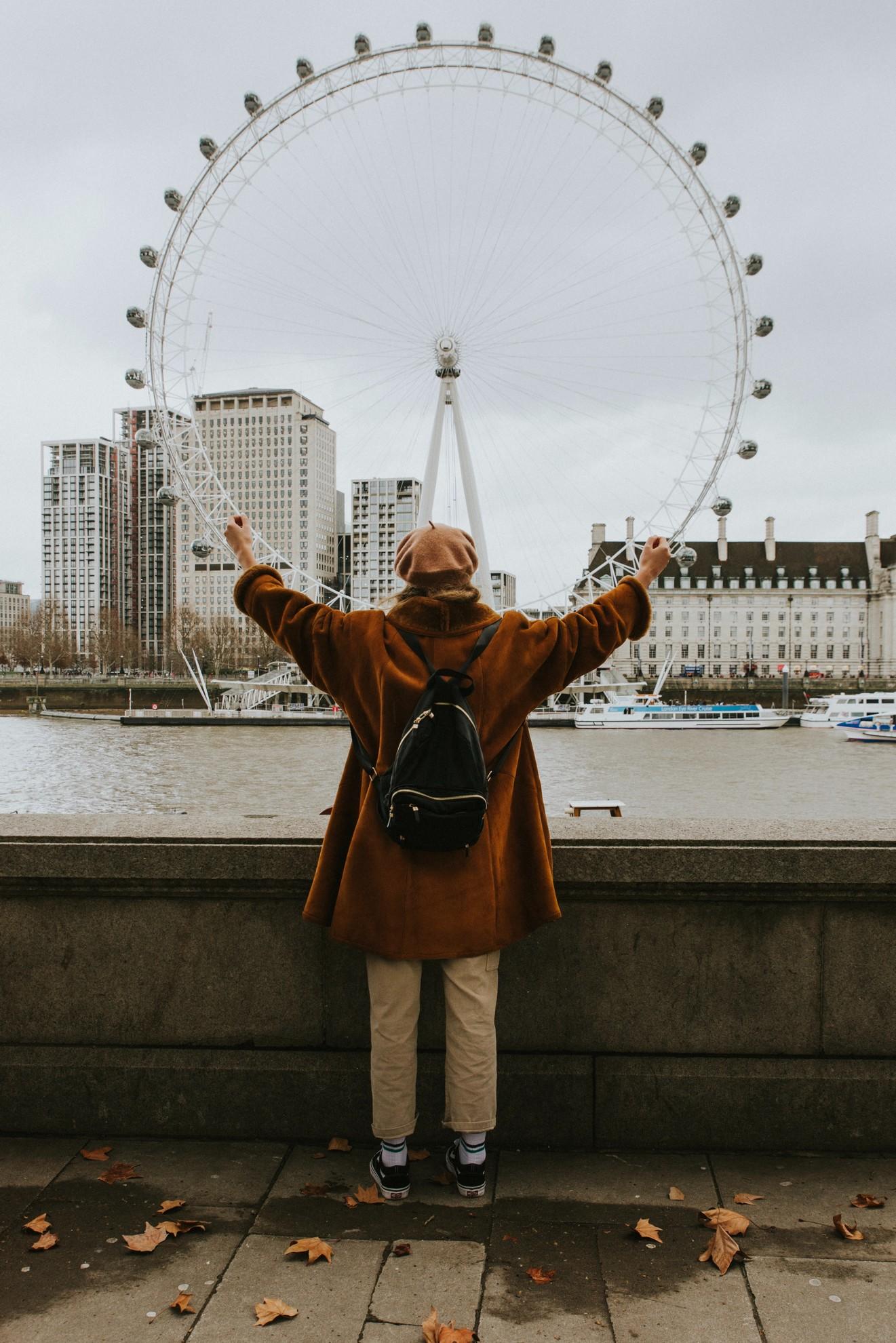 Une femme en manteau devant la grande roue de Londres.