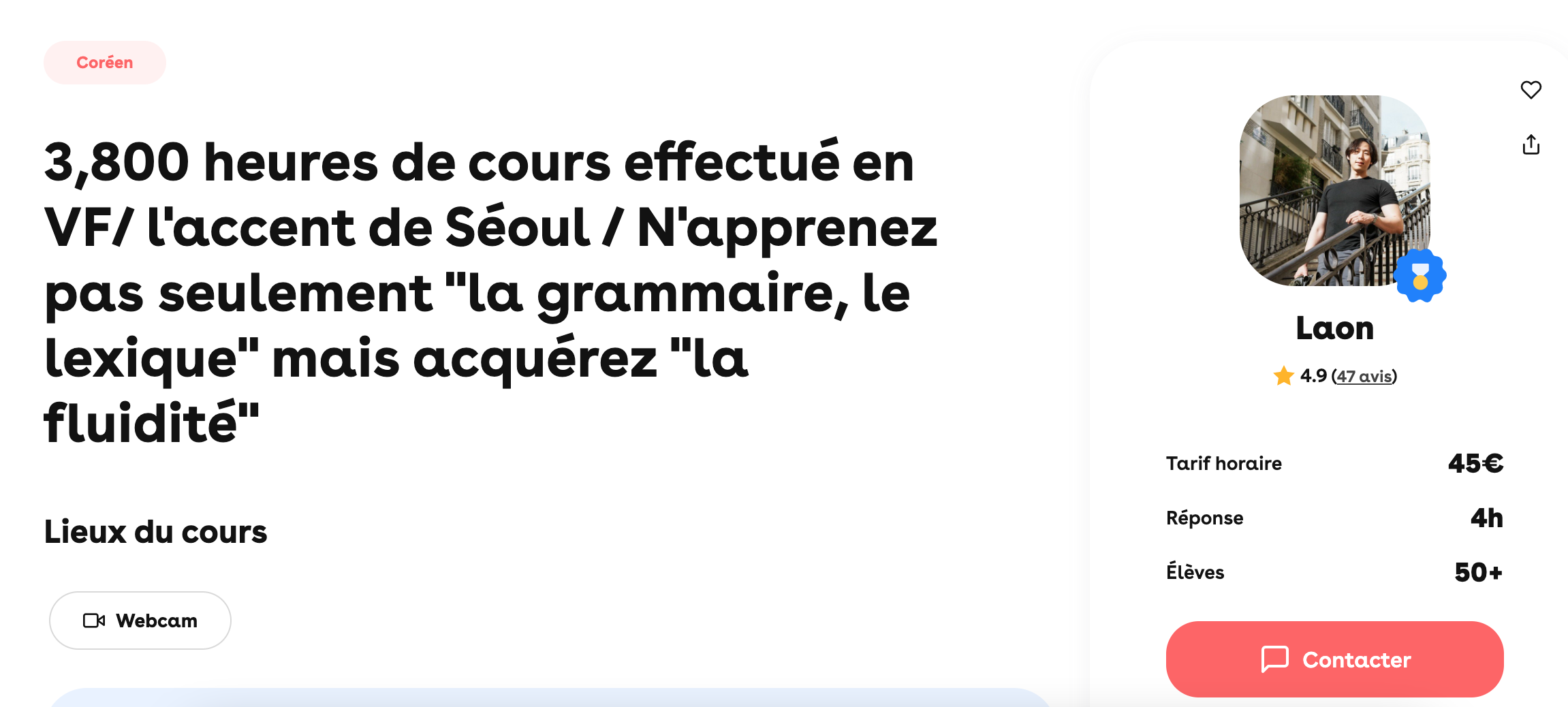 Capture écran du site superprof avec le professeur de coréen Laon à 45 € de l'heure.