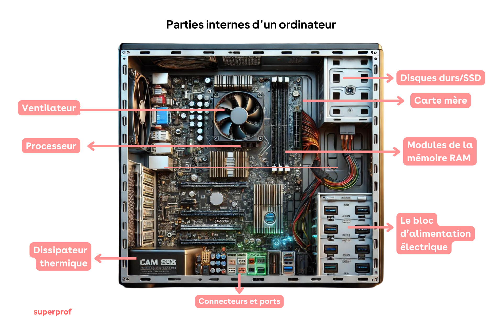 Une image avec des indications pour montrer les parties internes d'un ordinateur. 