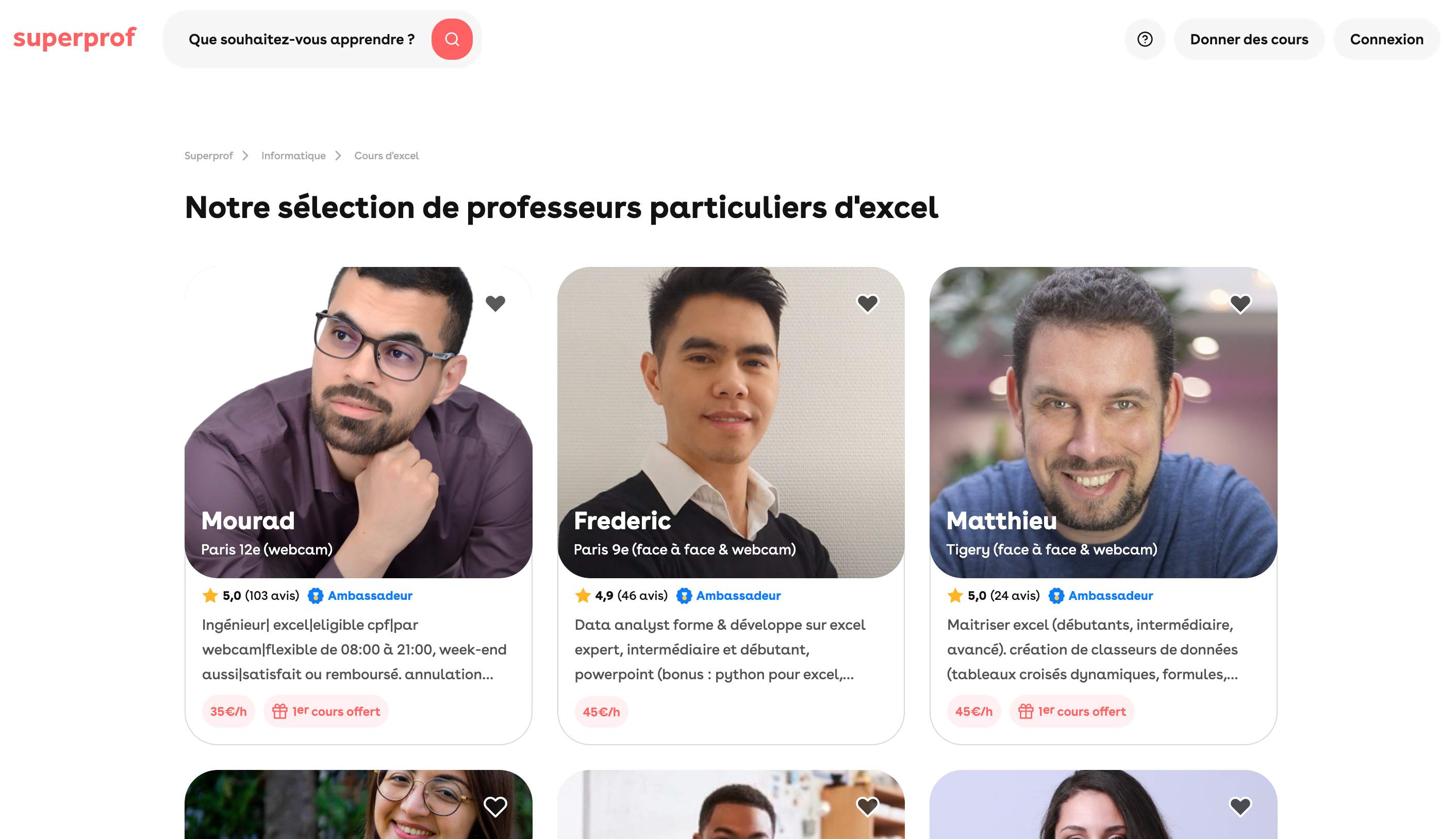 informations relatives aux professeurs et cours d'Excel sur Superprof 