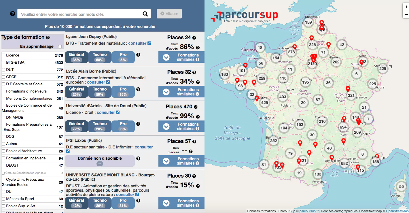 Capture d'écran de la carte interactive de la plateforme Parcoursup.