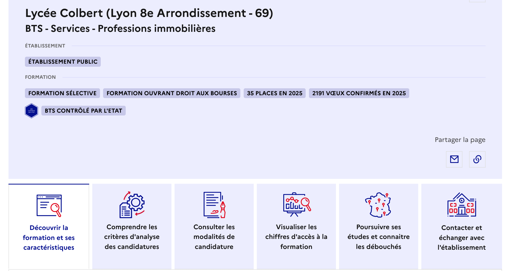 Capture d'écran d'une fiche de formation sur Parcoursup