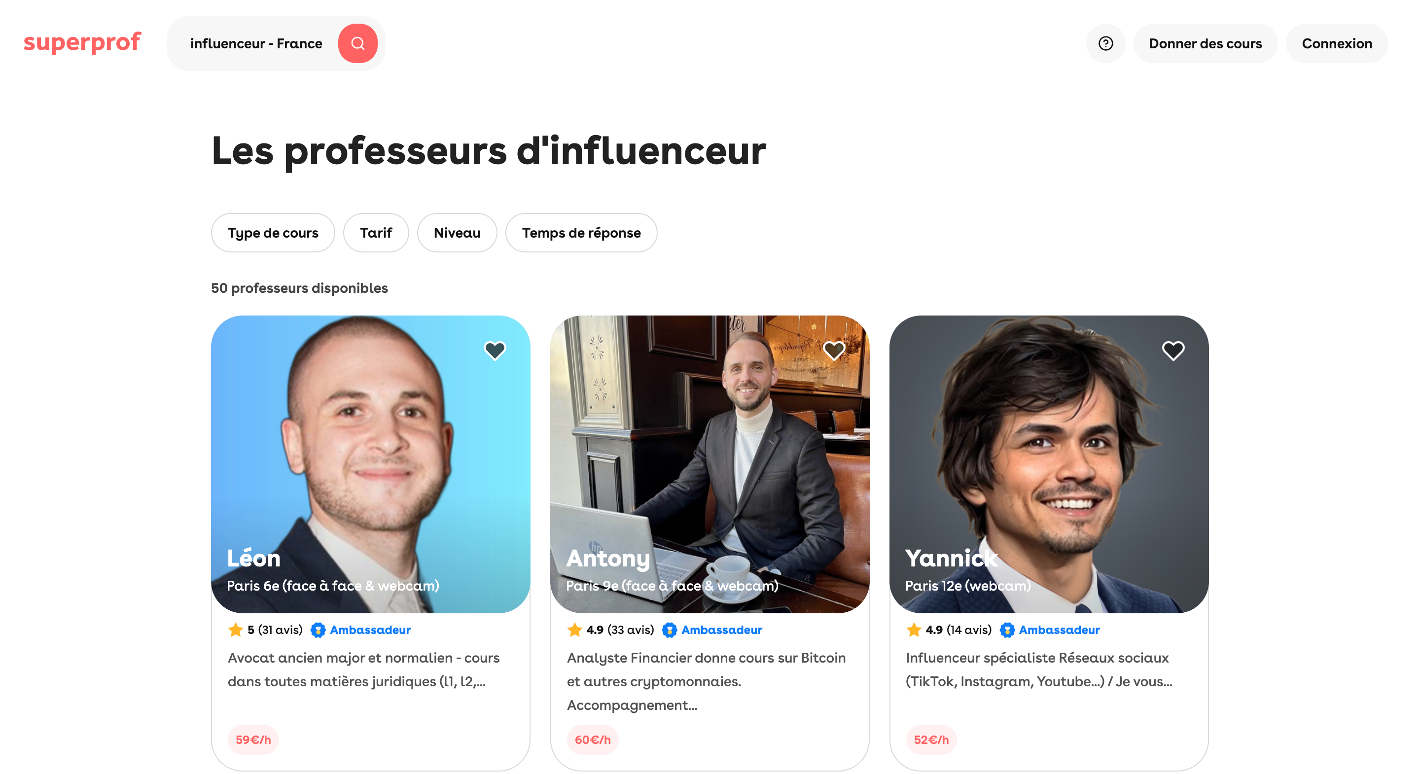 extrait de la plateforme Superprof pour prendre des cours d'influence