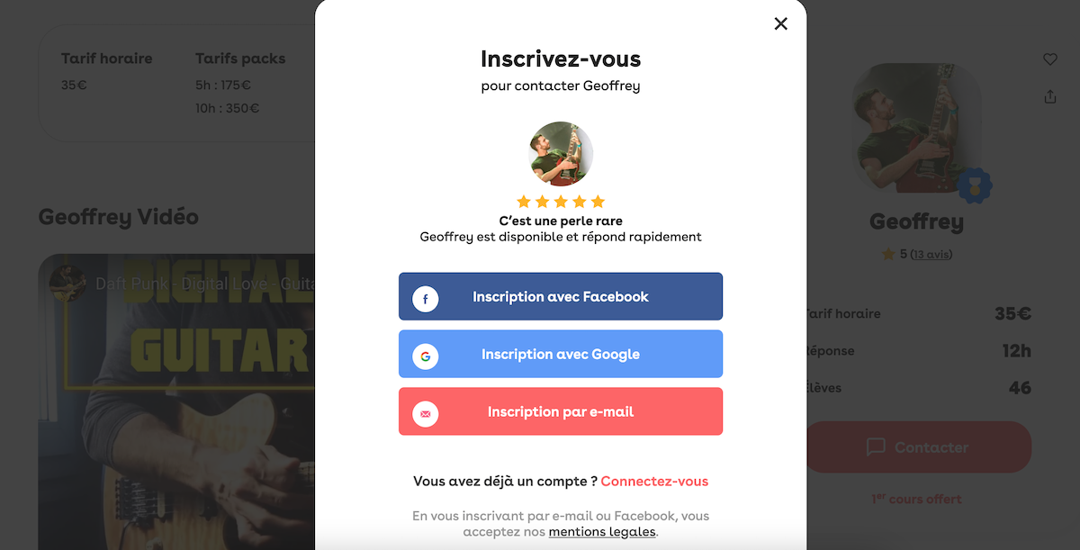 Capture écran pour créer un compte élève sur Superprof.