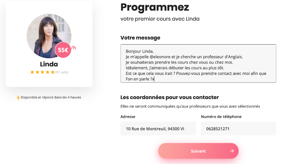 Capture écran d'un message type à envoyer à un professeur.