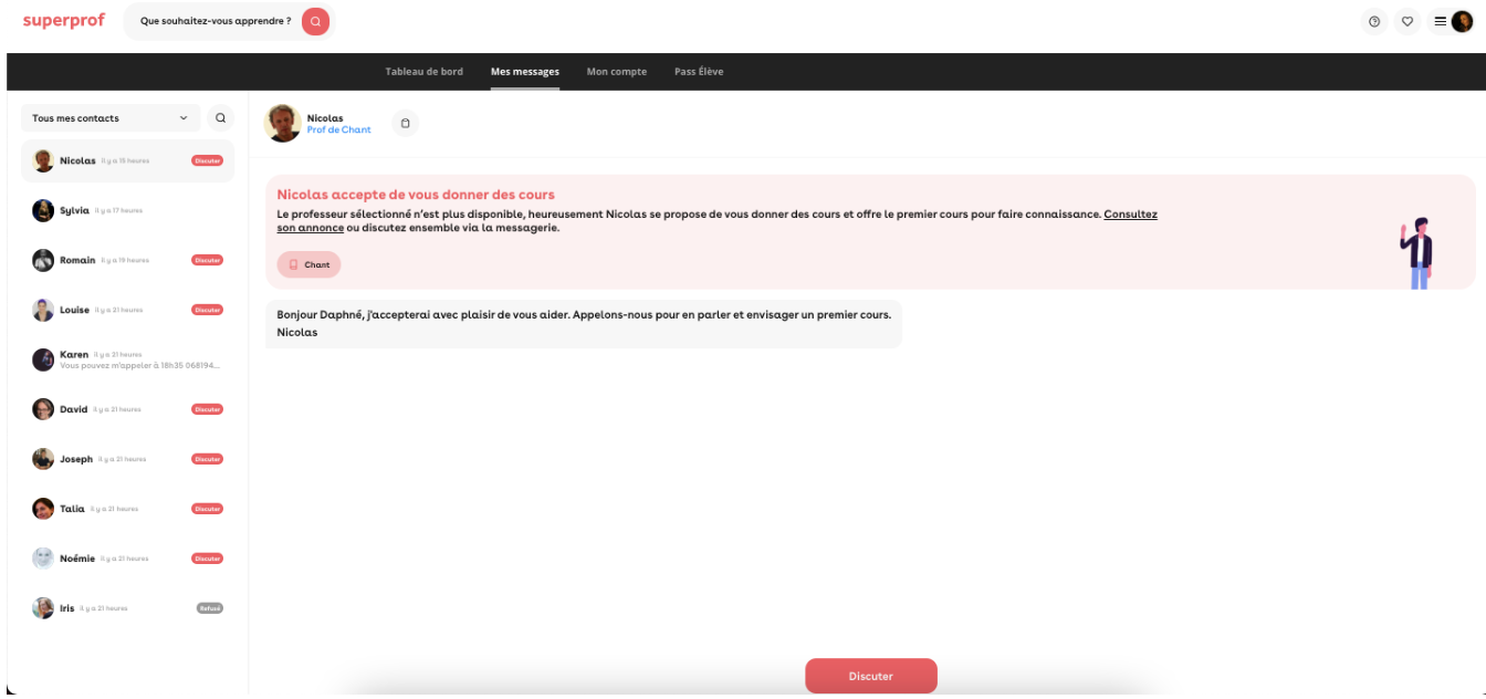 Capture écran rematching de profs sur Superprof