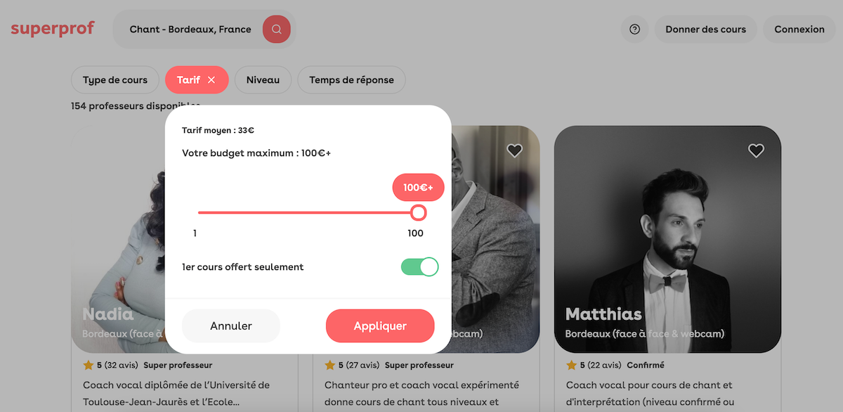 Capture écran pour filtrer les professeurs offrant le premier cours