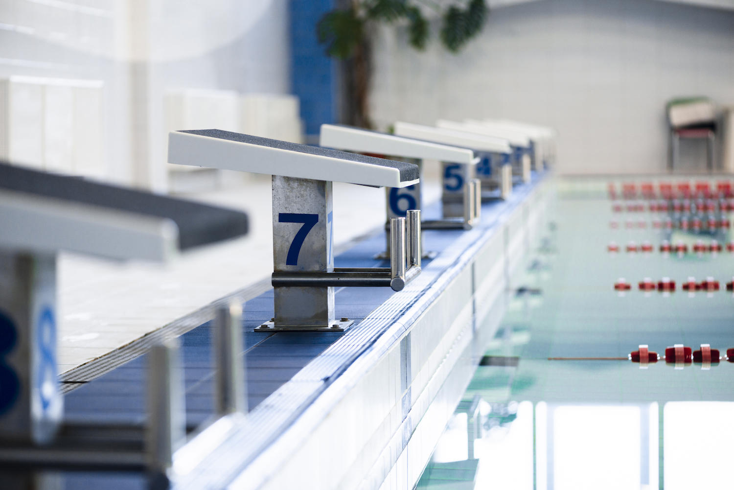 Zoom sur les plots de plongeon au bord du bassin.