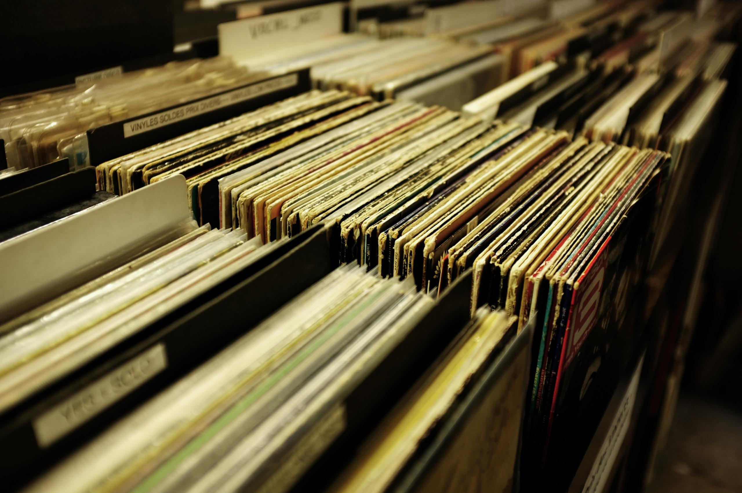 Des vinyles rangés dans un bac de magasin.