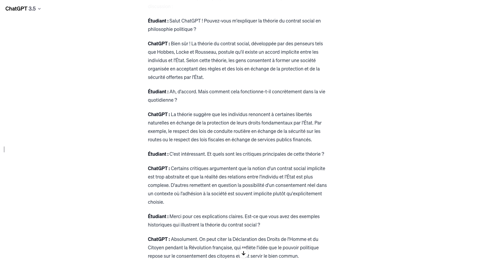 Capture d'écran d'une discussion générée avec ChatGPT.