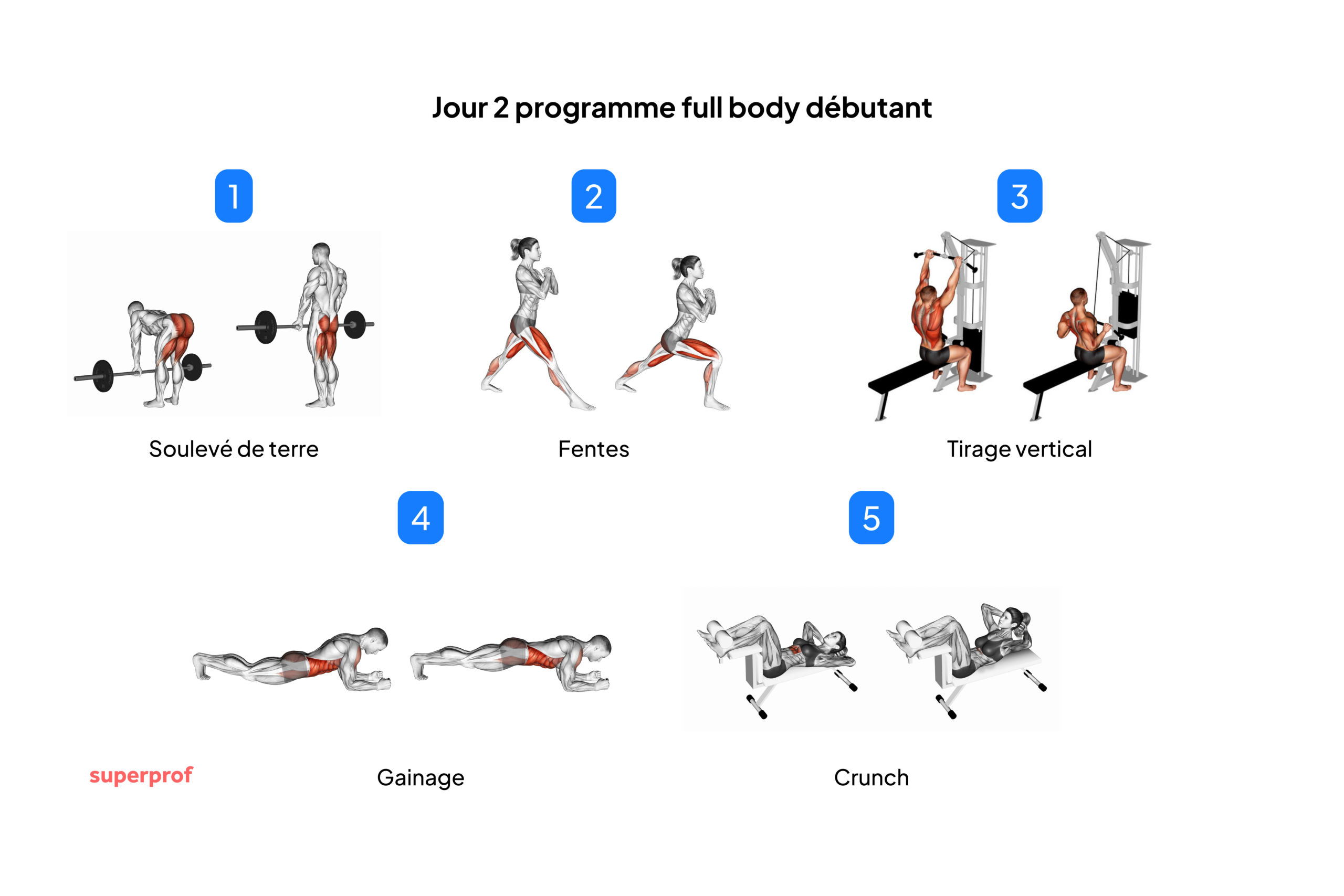 Schéma des exercices du deuxième jour du programme full body débutant.