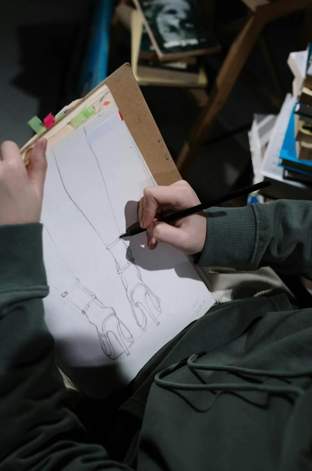 Une personne dessine des chaussures à un personnage.