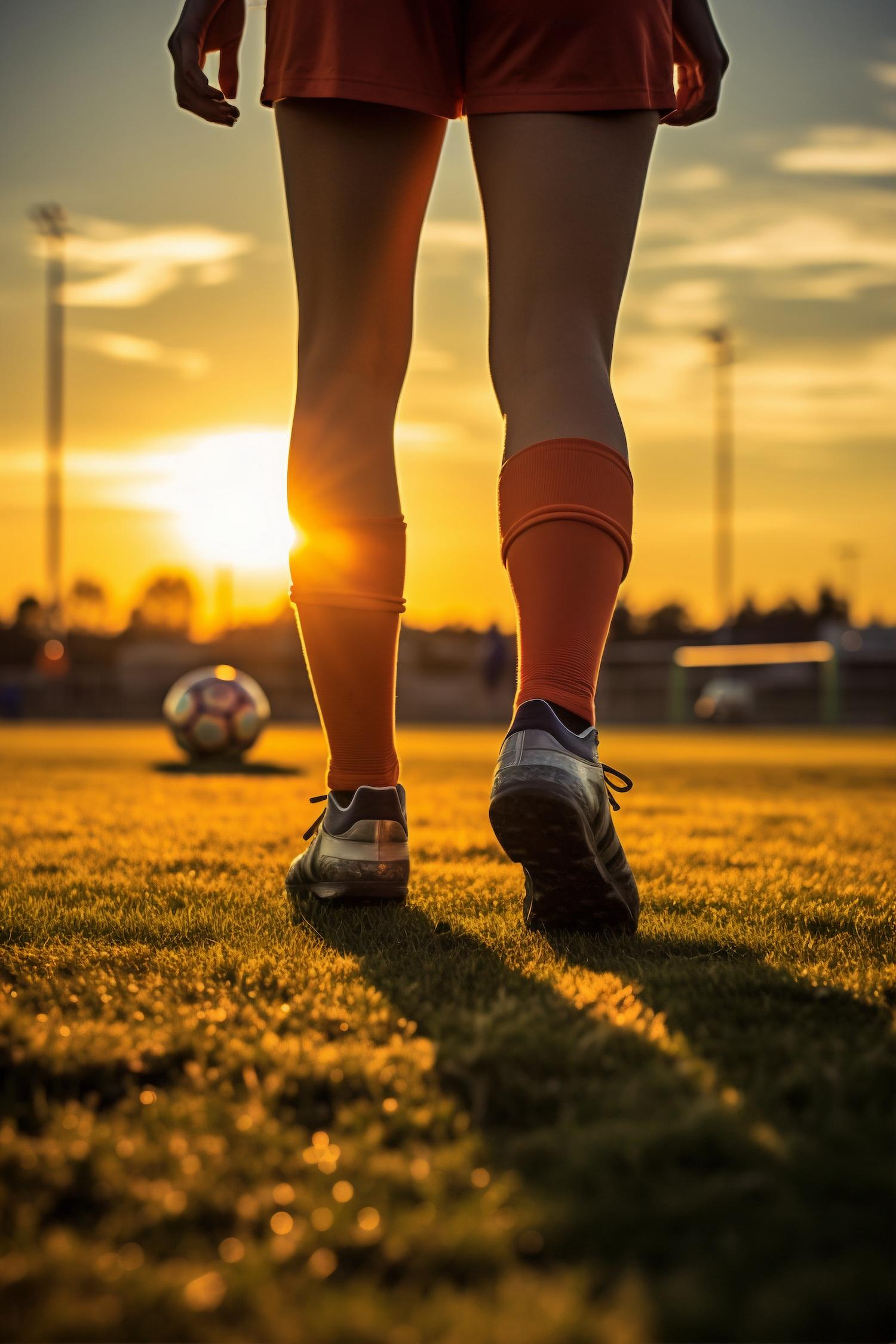 Vue de derrière d'un joueur qui va taper dans un ballon de foot.