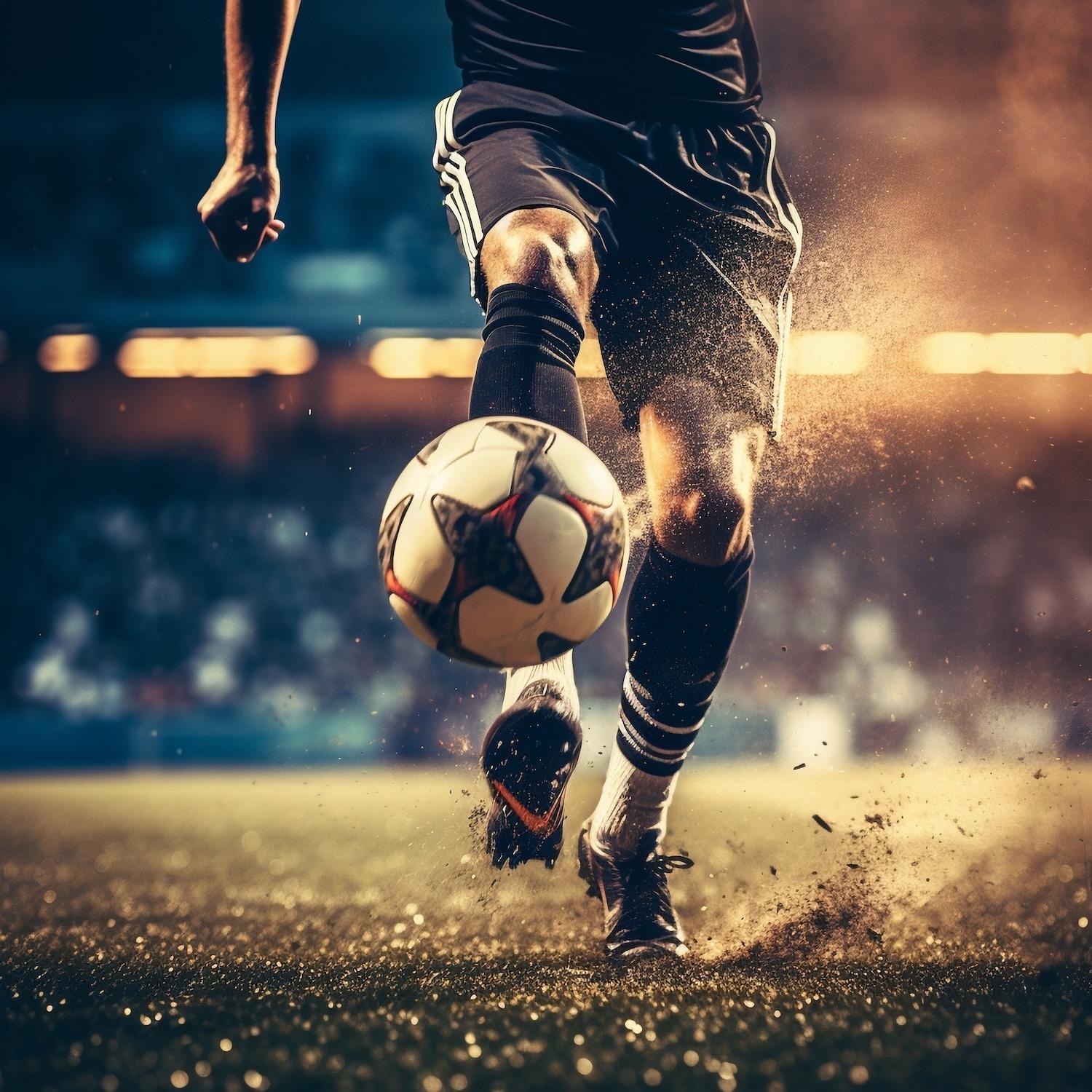 Joueur de foot en train de tirer sur un terrain en herbe.