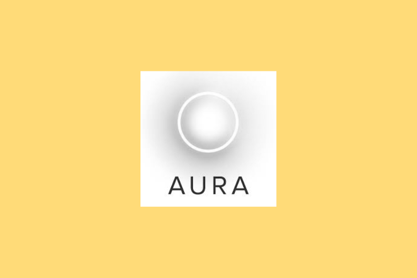 Logo de l'appli Aura sur fond jaune. 
