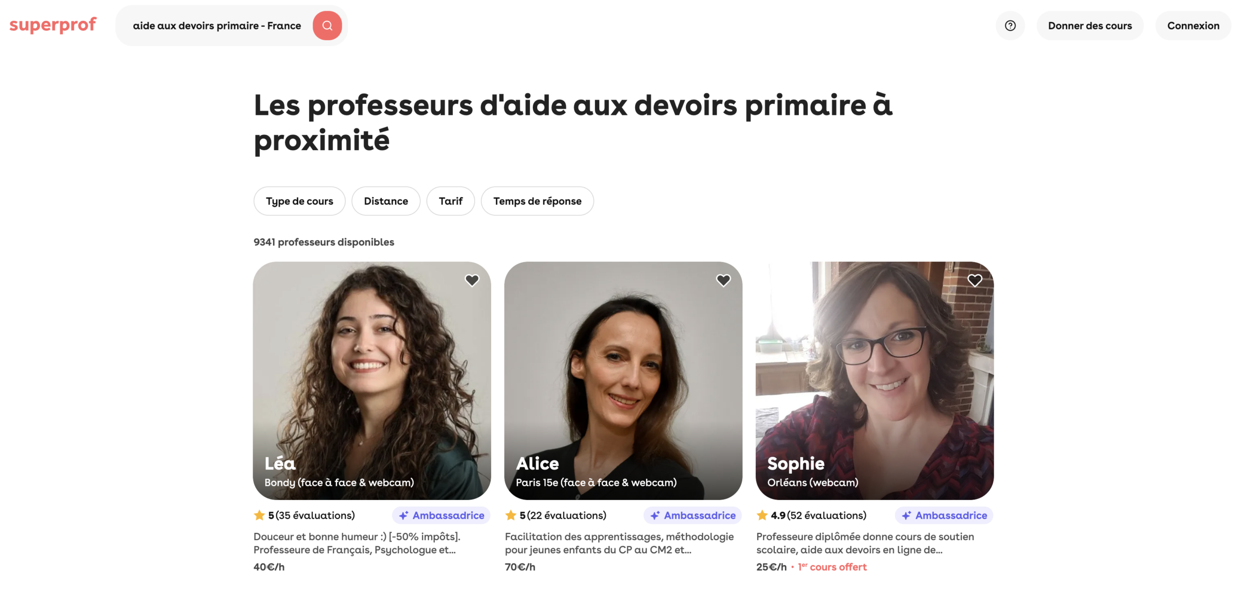Capture d'écran des résultats pour "aide aux devoirs primaire" dans Superprof France entière