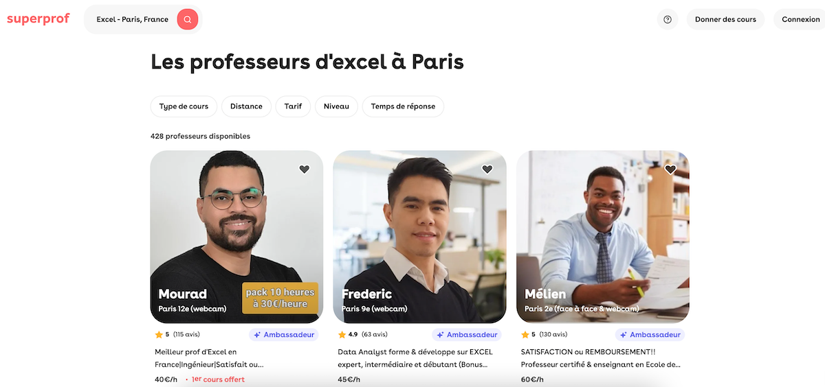 Capture d'écran des superprofs d'Excel sur Paris. 