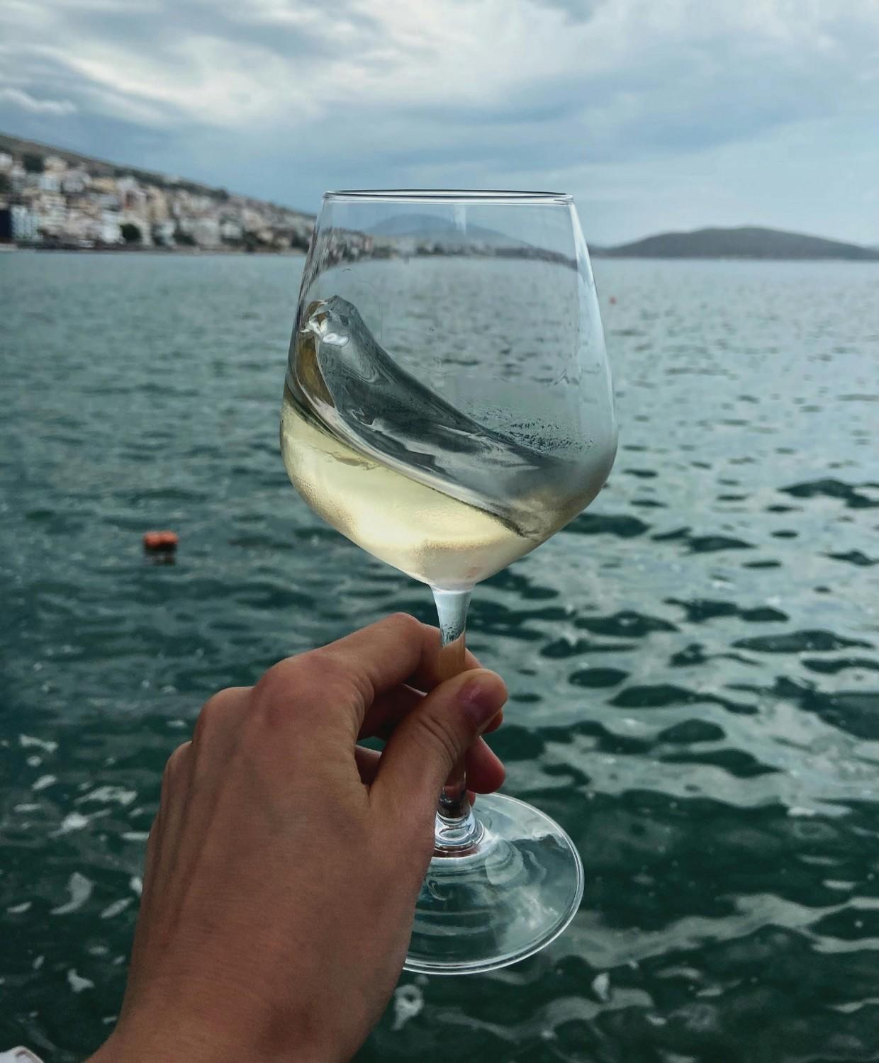Un verre de vin blanc face à la mer.