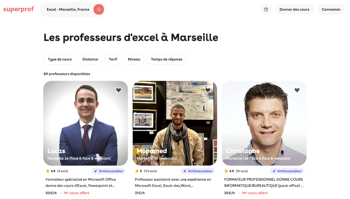 Capture d'écran montrant les professeurs en Excel disponibles à Marseille sur la plateforme Superprof.