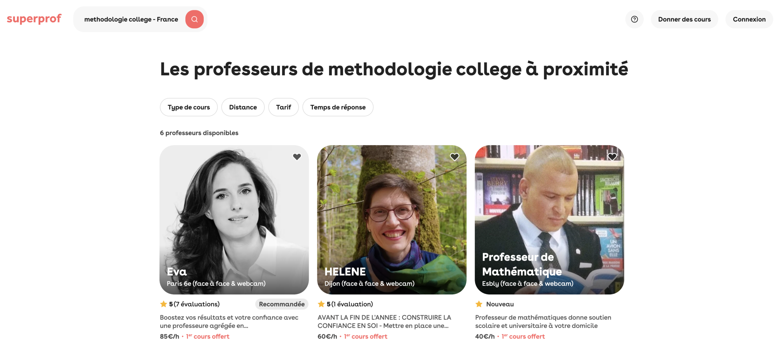 Capture d'écran montrant les professeurs de méthodologie sur Superprof.
