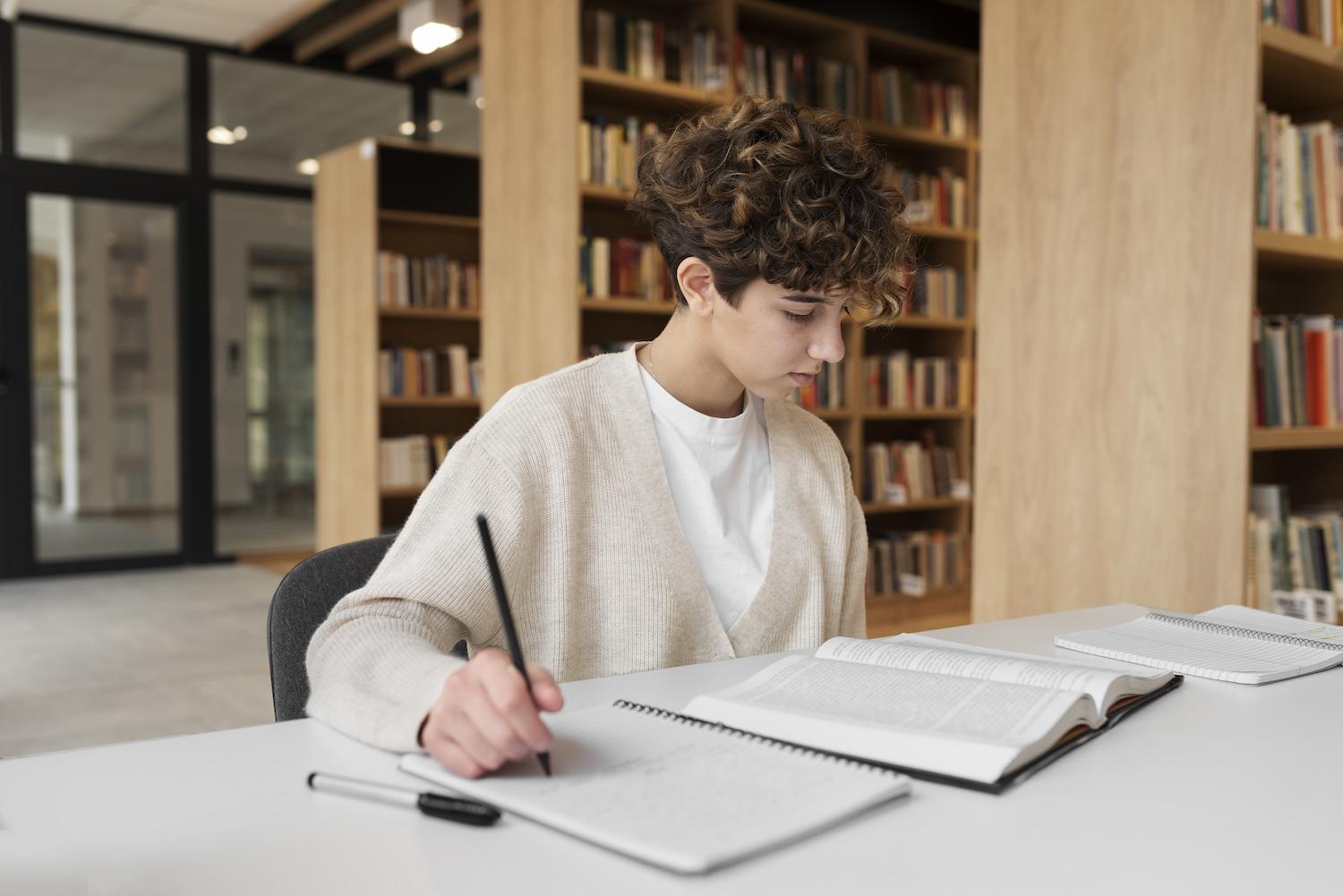 Une jeune femme est en train d'étudier dans une bibliothèque.