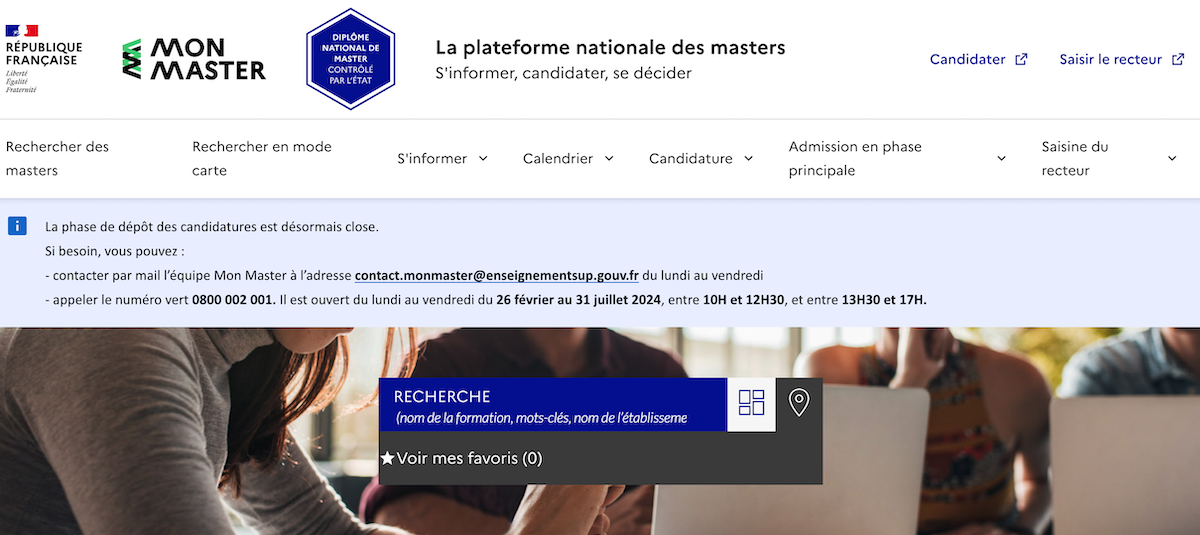 Capture d'écran de l'accueil du site Mon Master