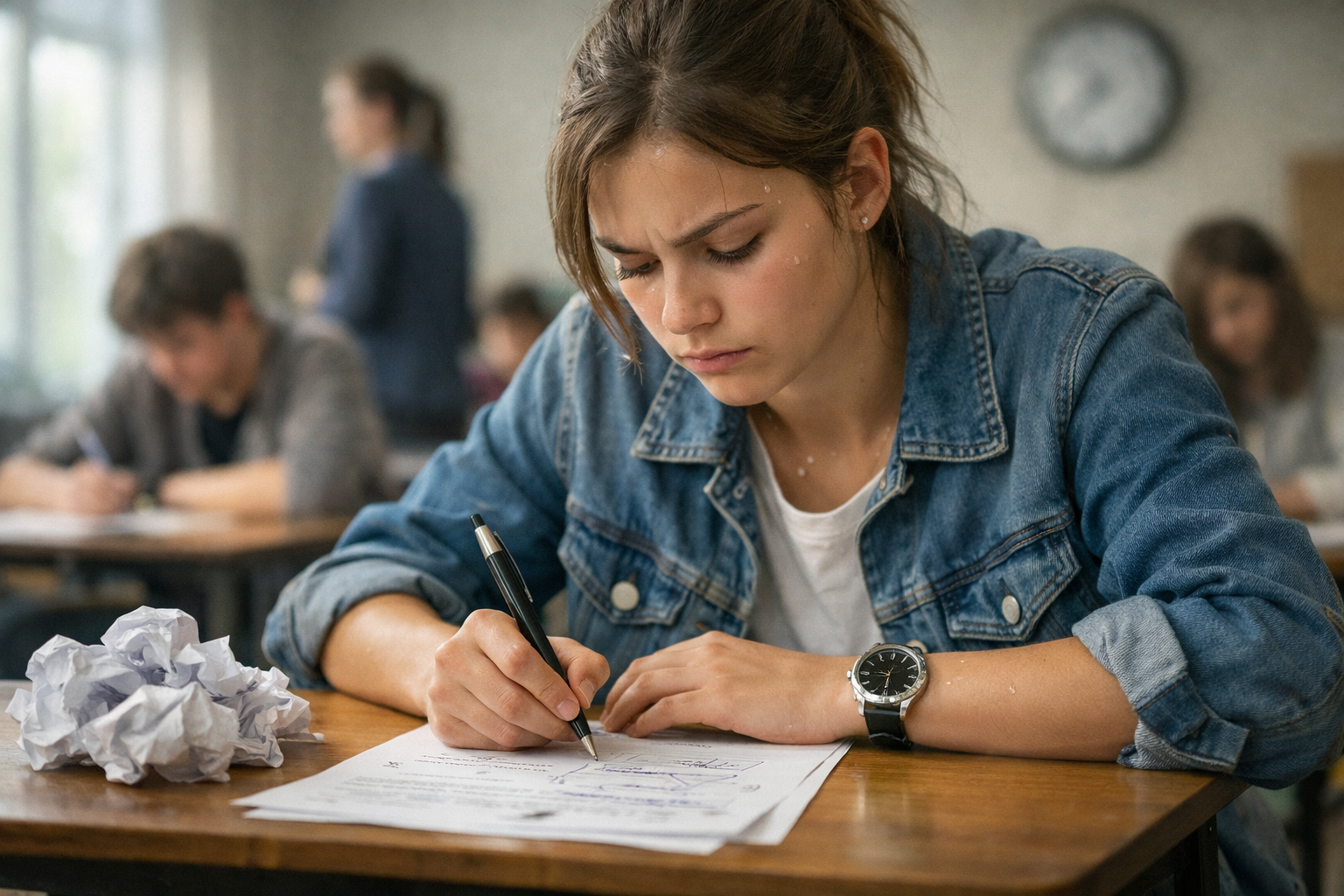 Une étudiante stressée regarde sa copie pendant un examen. 