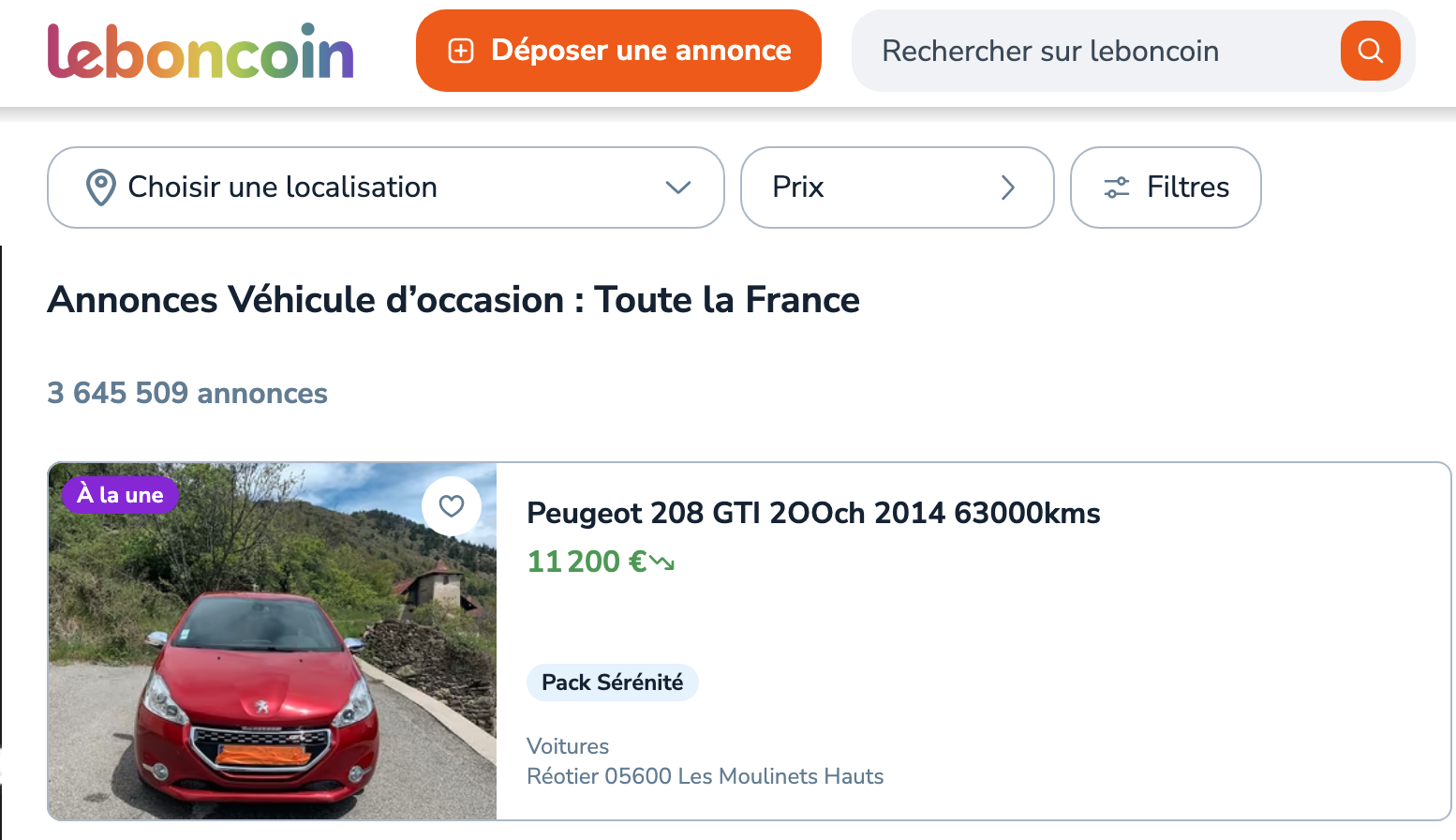 extrait de la page d'accueil de vente de voiture Le Bon Coin
