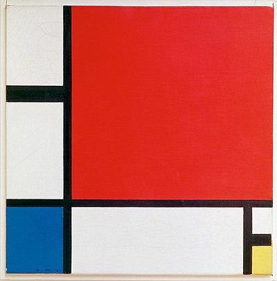 Représentation du tableau Composition avec du rouge, du bleu et du jaune.