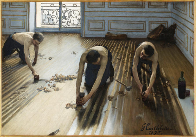 Représentation du tableau "Les raboteurs de parquet" de Caillebotte.