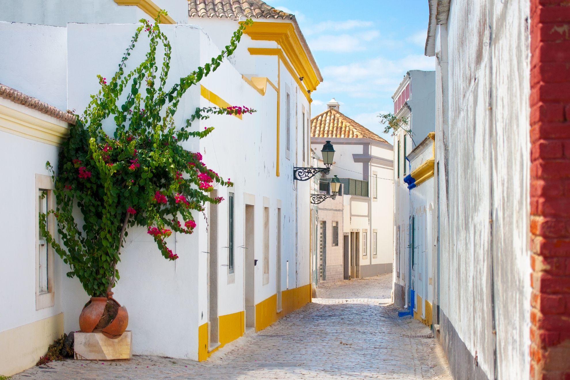 Une ruelle portugaise aux façades blanches.