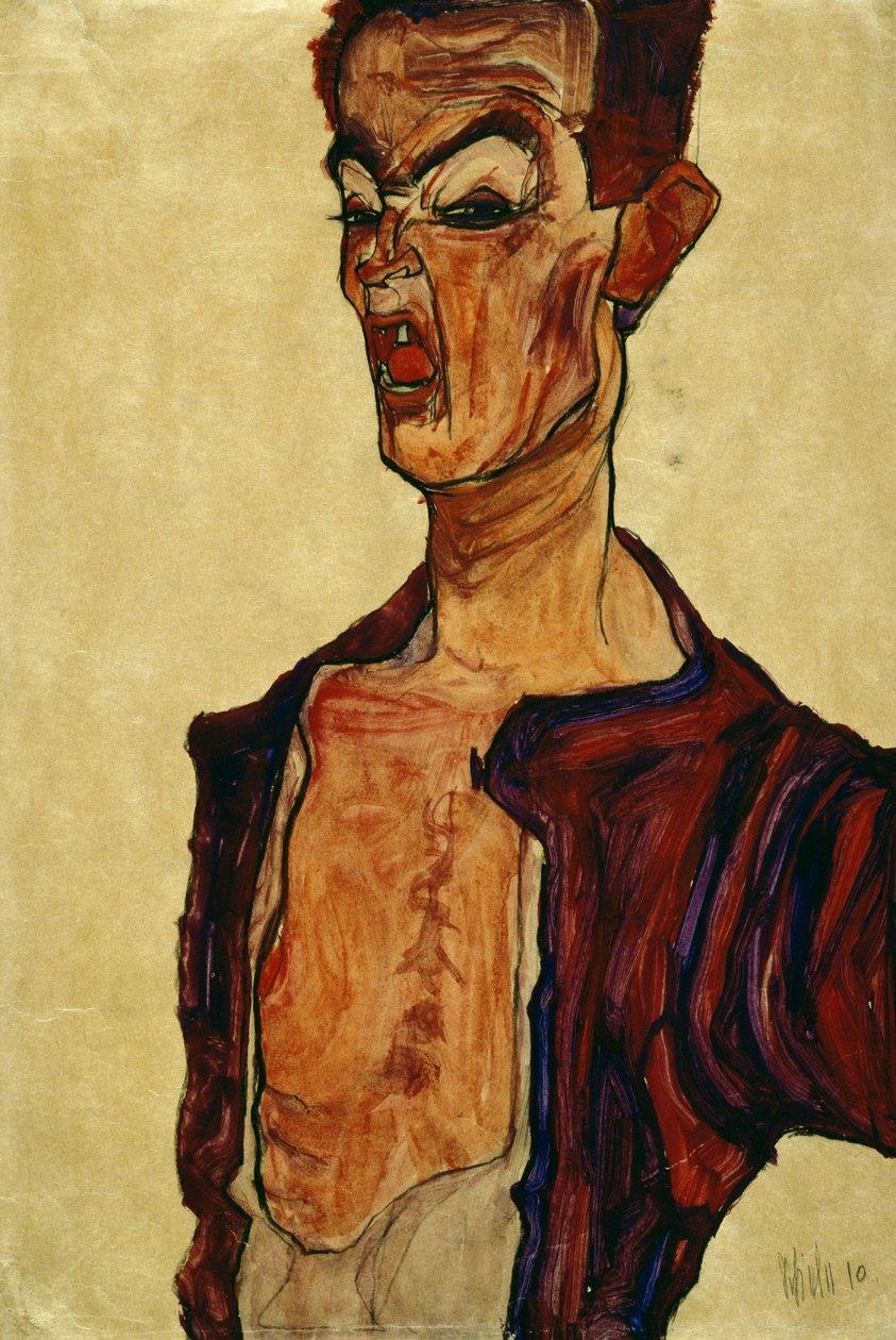 Représentation du tableau de Egon Schiele "Autoportrait criant".