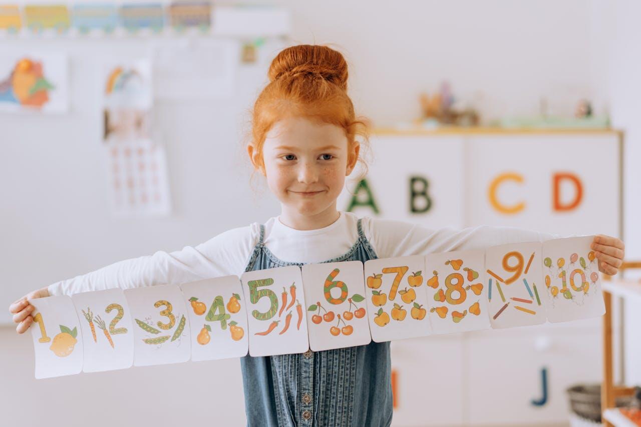 Petite fille rousse qui tient une banderole de chiffres de 1 à 10.