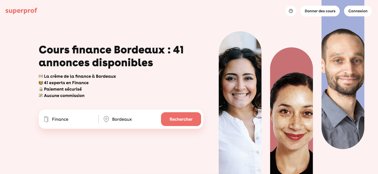 Capture d'écran du site Superprof pour des cours en finance.