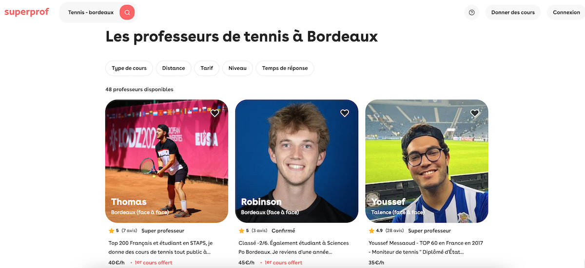 Capture d'écran des profs de tennis disponibles à Bordeaux sur Superprof