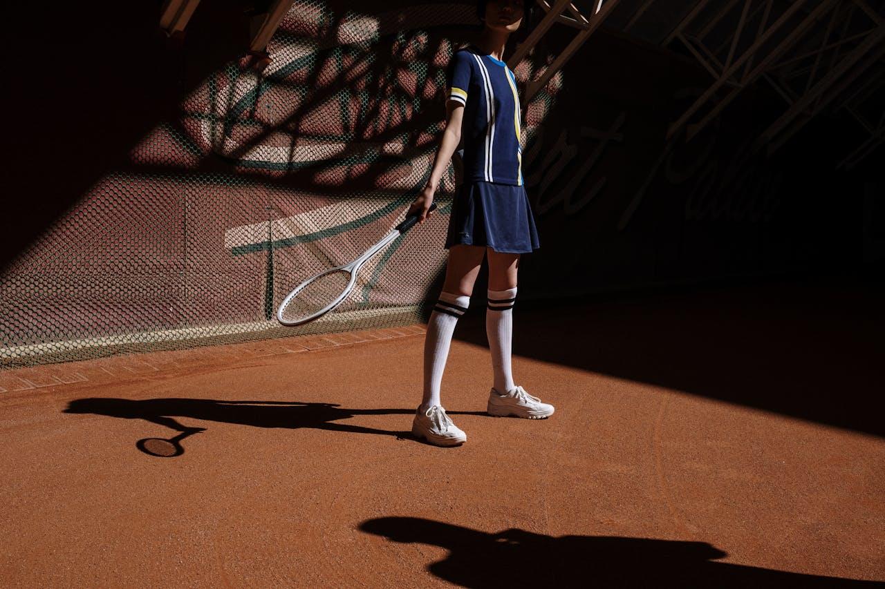 Jeune femme tenant une raquette de tennis sur un court en terre battue.