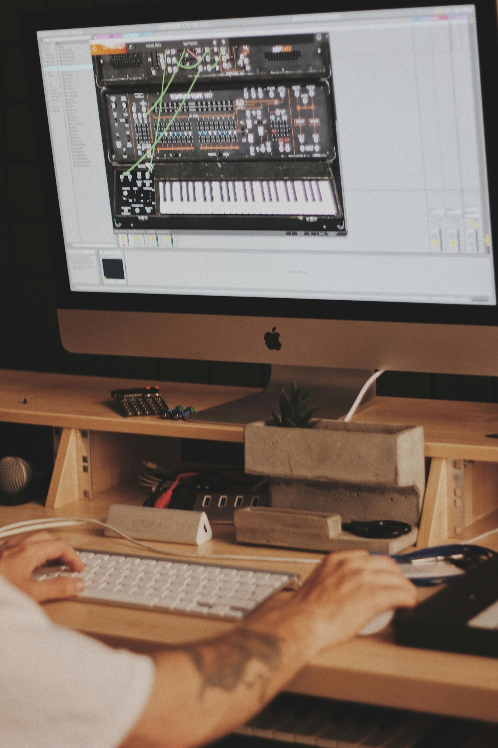 Un homme compose de la musique sur son ordinateur.