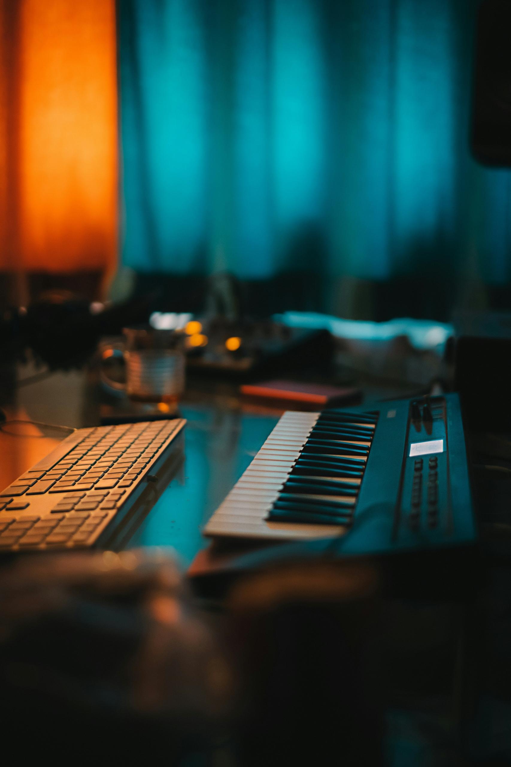 Un piano et un ordinateur dans la pénombre.