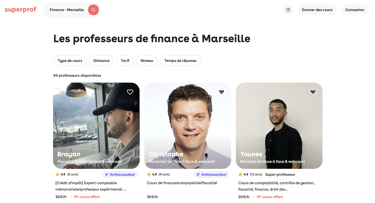 Capture écran site Superprof cours de finance Marseille.