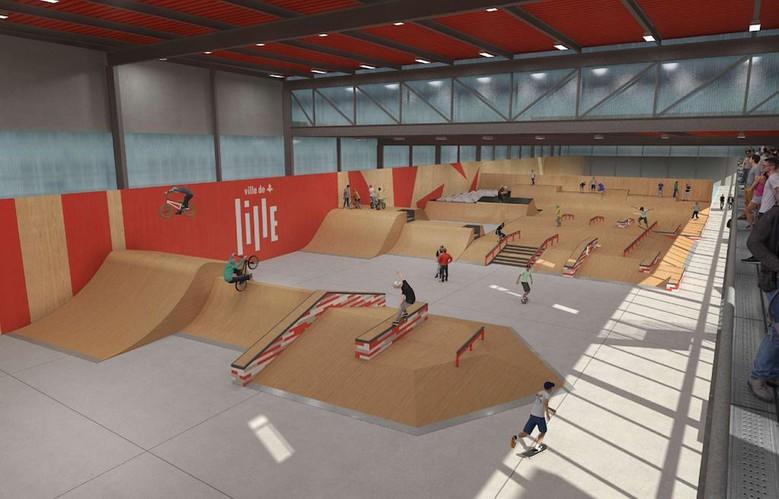 Vue du skate park indoor de la Halle de Glisse à Lille