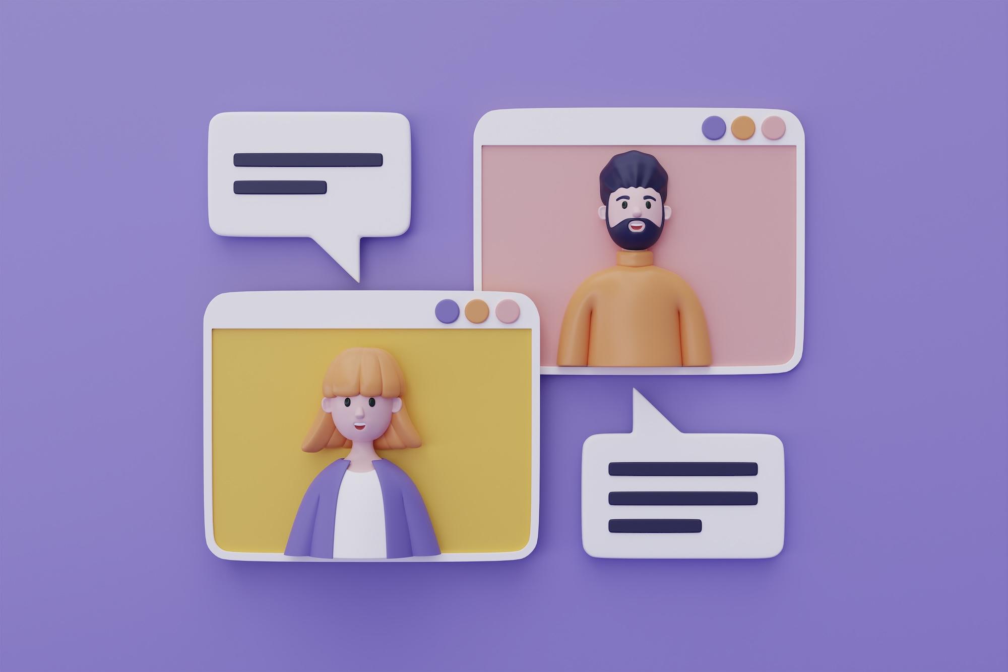 Des avatars sont placés à côté de bulles de conversation sur un fond de couleur.