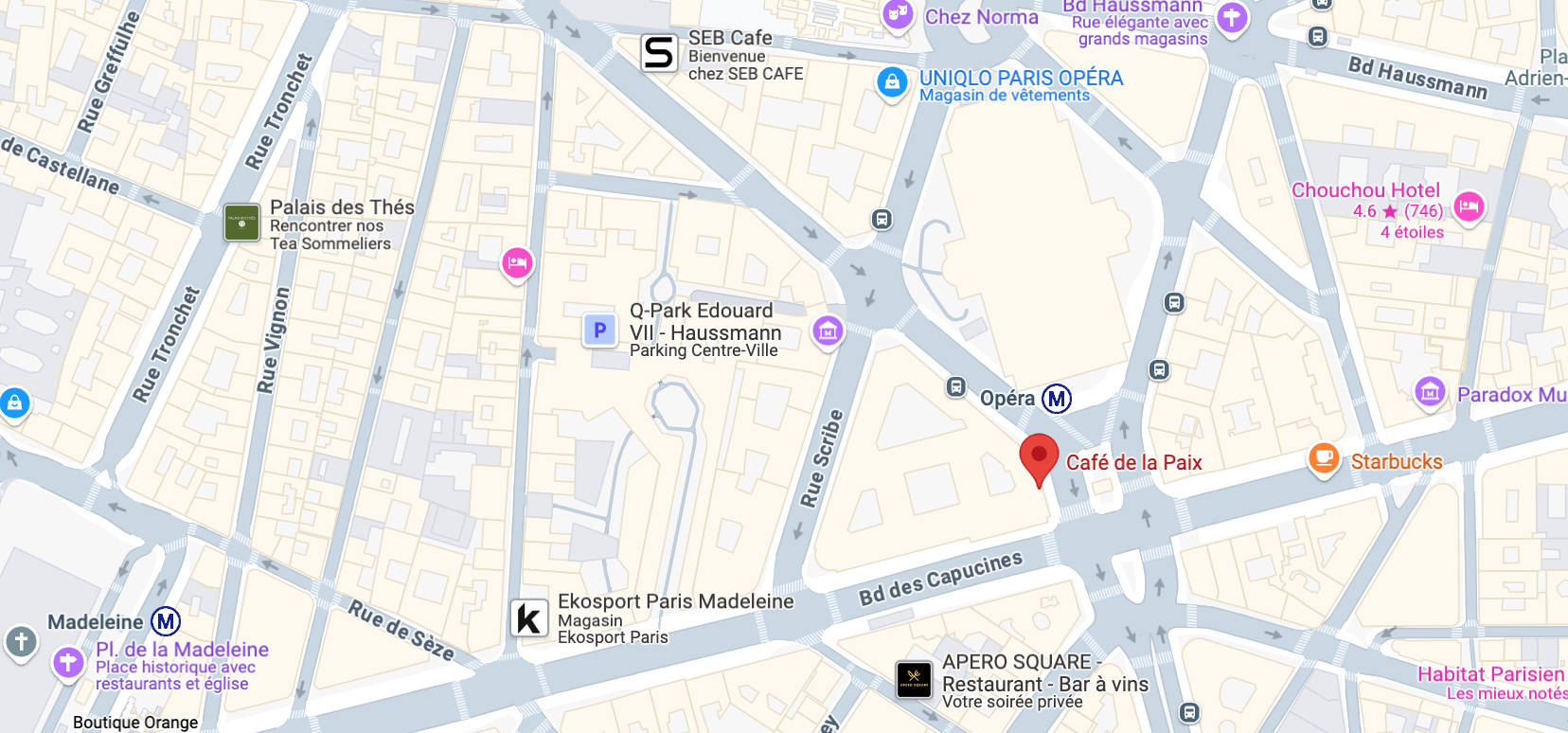 Capture d'écran de l'emplacement du Café de la Paix à Paris.