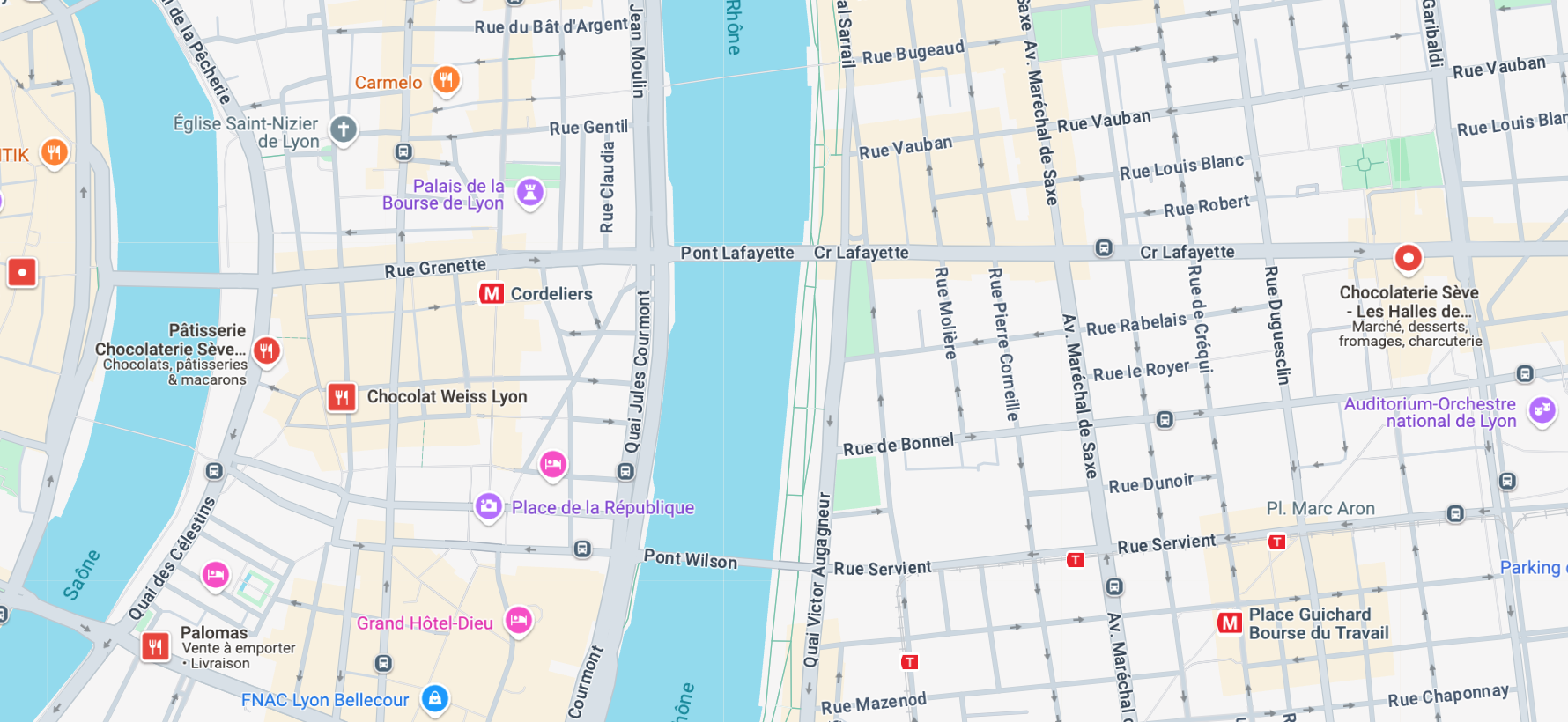 Capture d'écran de deux emplacements des boutiques de la Maison Sève à Lyon. 