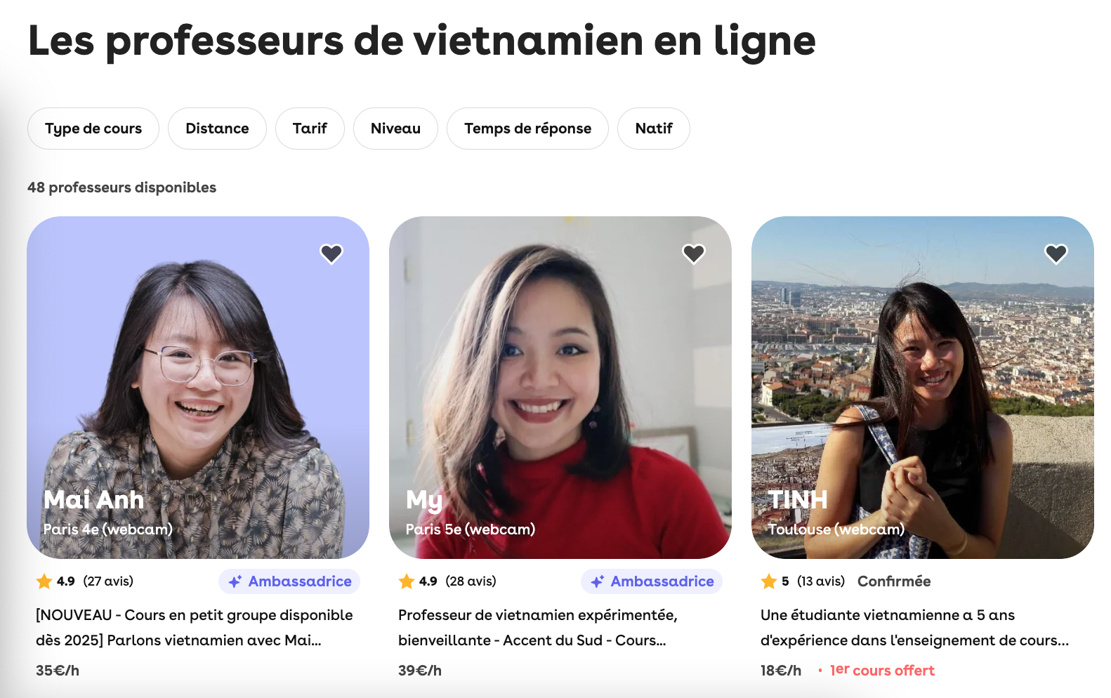 Capture d'écran des trois premières profs de vietnamiens qui apparaissent dans la recherche sur Superprof. 