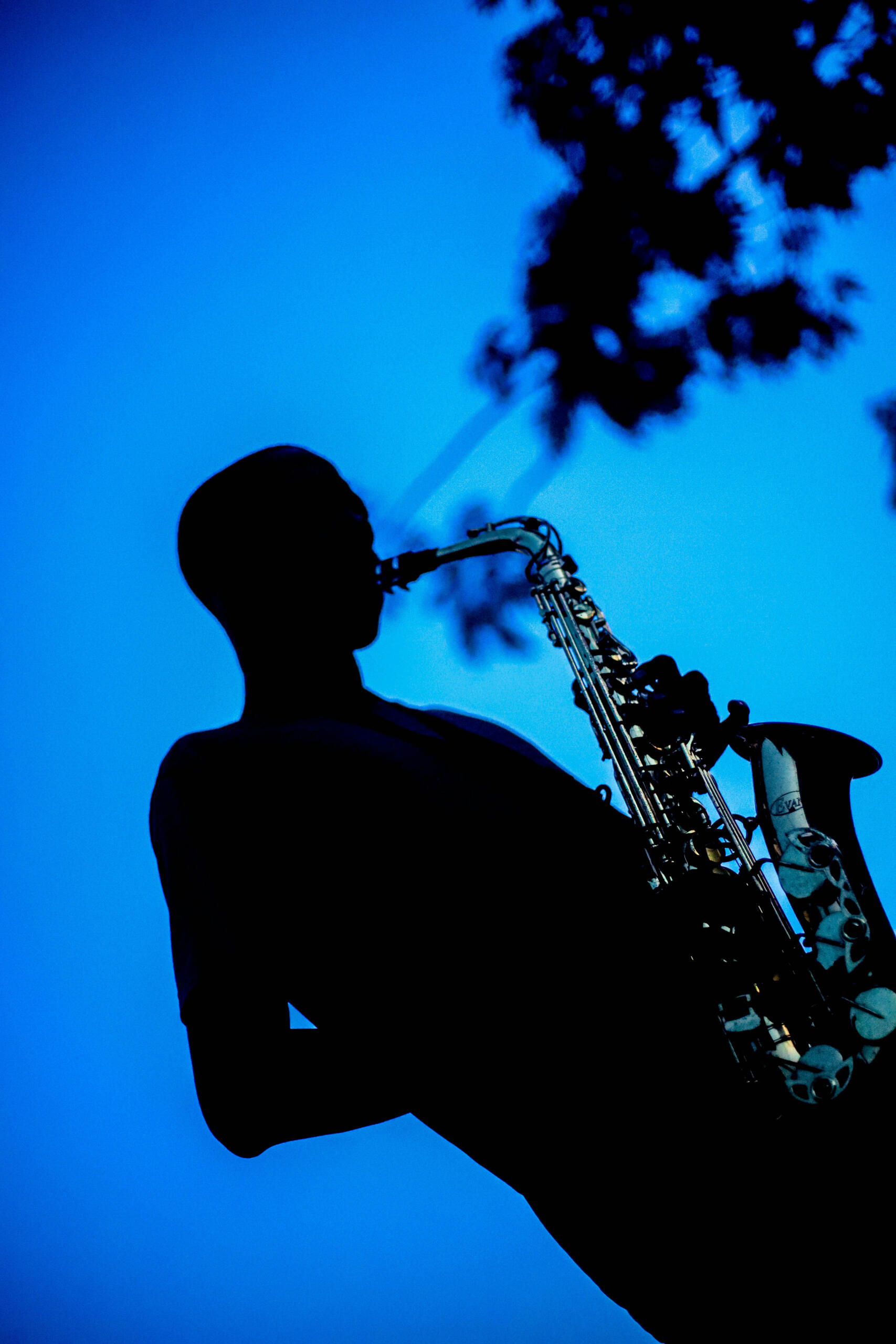 Un saxophoniste en contre jour.