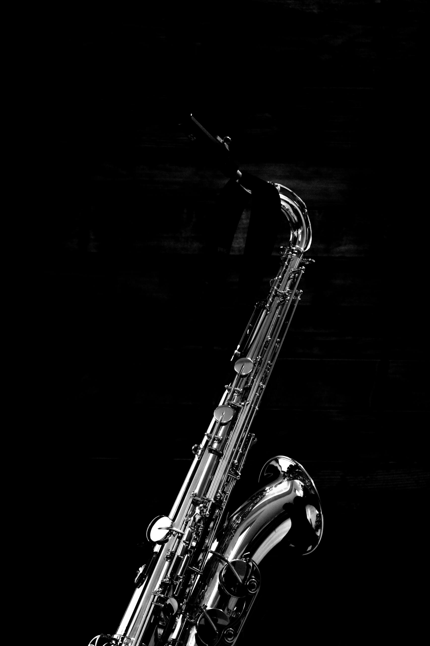 Un saxophone en noir et blanc.